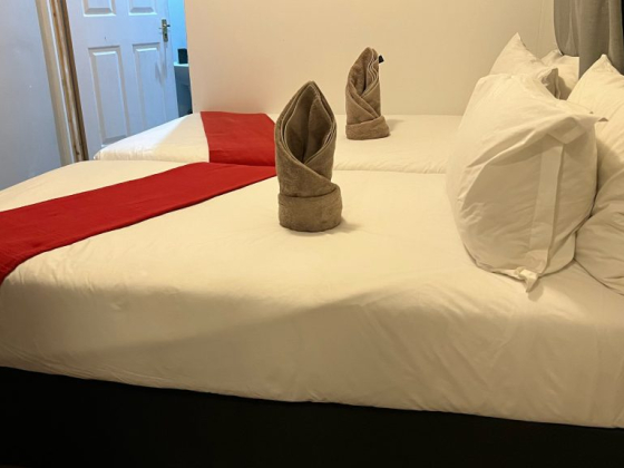 Cozy twin beds adorned with elegant red accents and stylish towel decorations.