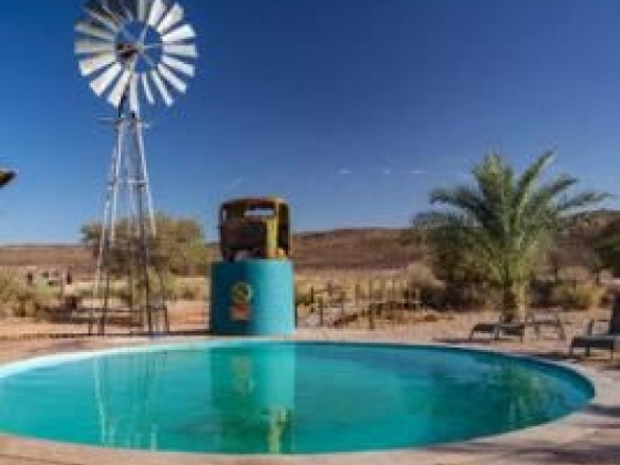 A tranquil pool with a windmill and vintage vehicle nearby.