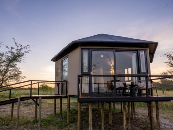Stylish cabin on stilts with porch and evening sky.